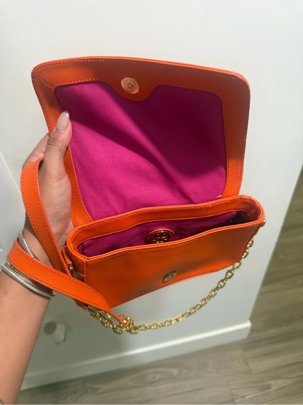 Tory Burch Orange Leather Chain-Trim Crossbody